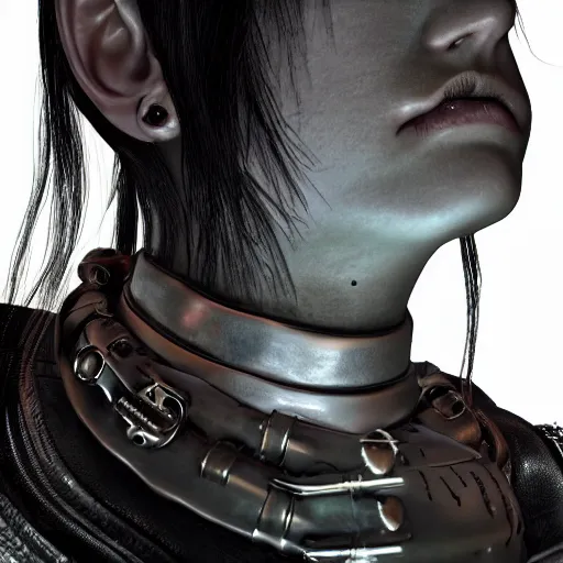 Image similar to detailed realistic female character cyberpunk wearing thick leather collar around neck, realistic, art, beautiful, 4K, collar, choker, collar around neck, punk, artstation, detailed, female, woman, choker, cyberpunk, punk, collar, choker, collar around neck,