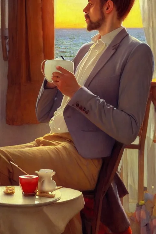 Prompt: attractive man drinking coffee, sunset, painting by carl larsson, vladimir volegov, j. c. leyendecker, tom of finland, trending on artstation