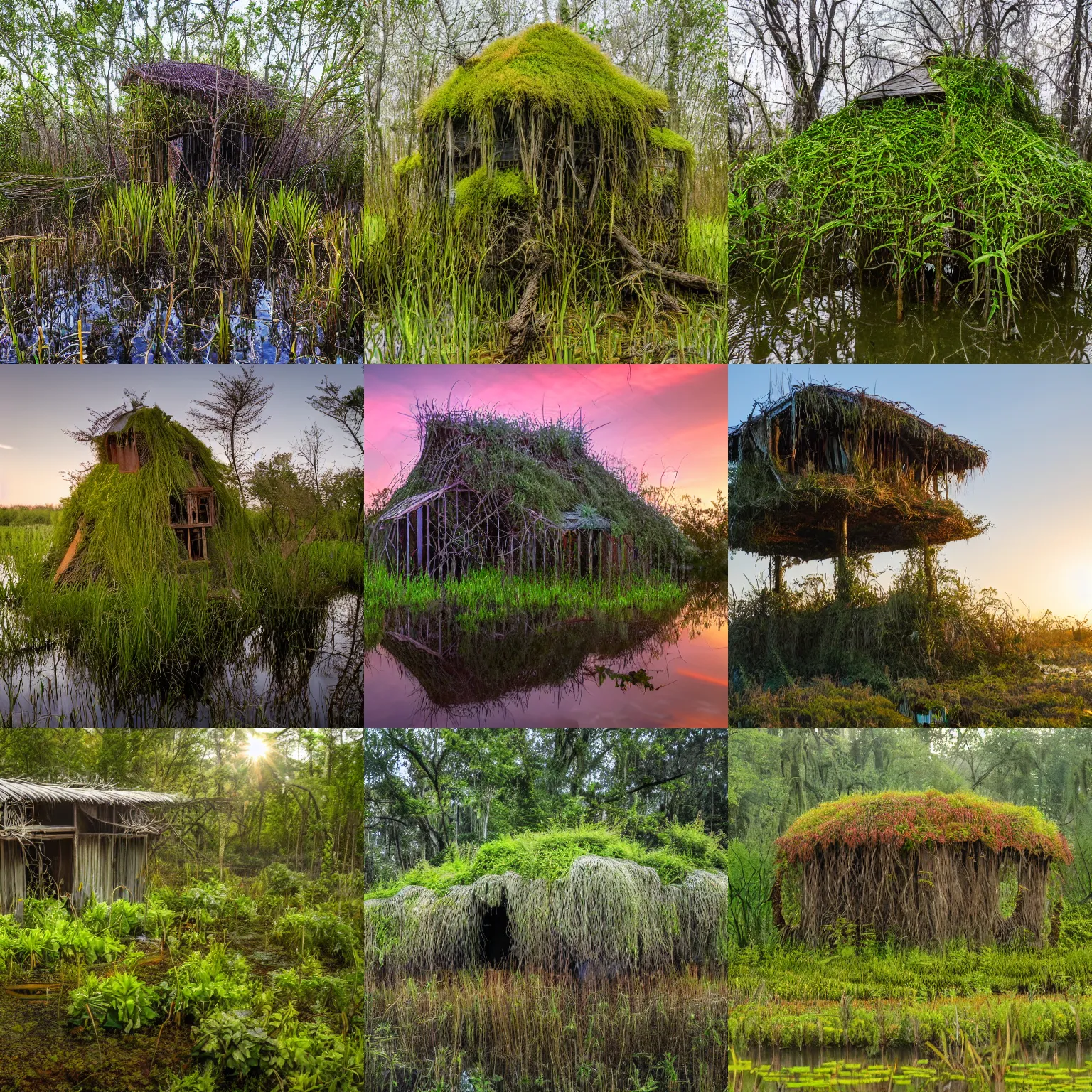 Prompt: a house structure made of strange plants, located in a swamp at sunrise