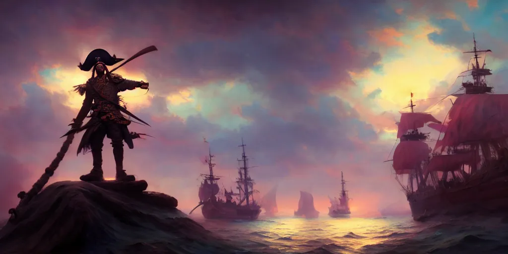 Prompt: a pirate standing on the nose of the ship commanding to his crew to attack another ship, psychedelic mushroom colors everywhere, extremely detailed digital painting, in the style of fenghua zhong and ruan jia and jeremy lipking and peter mohrbacher, mystical colors, rim light, beautiful lighting, 8 k, stunning scene, raytracing, octane, trending on artstation