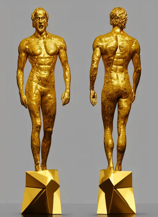 Image similar to stylized gold onyx ornate statue full body made of marble of nicholas cage, perfect symmetrical body, perfect symmetrical face, hyper realistic, hyper detailed, by johannen voss, by michelangelo, octane render, blender, 8 k, displayed in pure white studio room