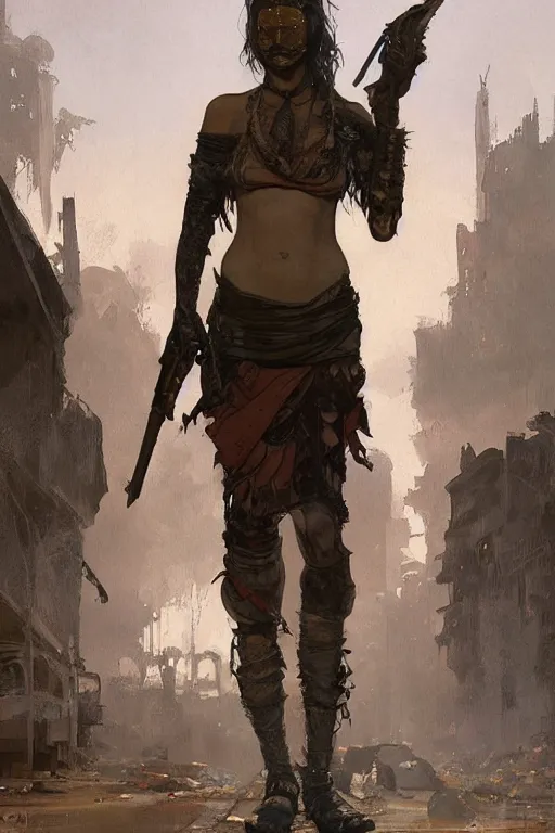 Image similar to a full body portrait of a beautiful post apocalyptic offworld police district bedouin blind pulp fiction scarlet wild rogue barbarian leper begging by the roadside, intricate, elegant, highly detailed, digital painting, artstation, concept art, smooth, sharp focus, illustration, art by krenz cushart and artem demura and alphonse mucha