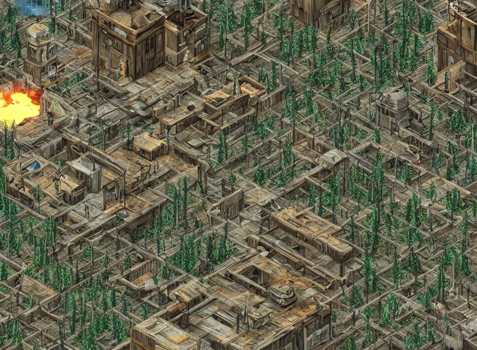 Image similar to Screenshot of the outside of an diseased pine forest in Fallout 2 (1998), isometric perspective, postapocalyptic, bird's eye view, prerendered isometric graphics, high quality