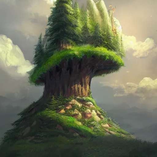 Image similar to a painting of a giant floating castle high up in the sky with a tree - leaf canopy on top. artstation. painting. high - quality. extremely detailed clouds and foliage