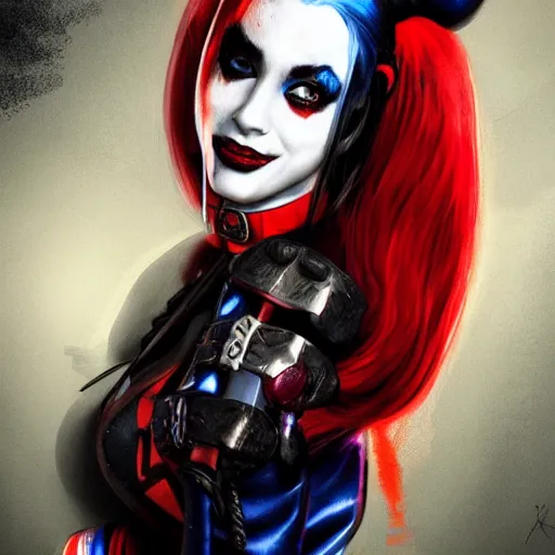 Image similar to harley quinn from the suicide quad, full body shot, fantasy, medieval, vivid colors, elegant, concept art, sharp focus, beautiful face, digital art, Hyper-realistic, 4K, Unreal Engine, Highly Detailed, HD, Dramatic Lighting by Brom, trending on Artstation