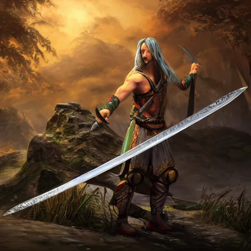 Image similar to concept art of rare legendary mythical sword, rpg, weapon, detailed, digital art, d & d, incredible, digital painting, no noise, global illumination, warm lighting, volumetric, vivid, intricate details, ultra realistic, volumetric lighting, warm colors advance, cell shading, hyper realism, matte painting, realistic octane render, highly detailed