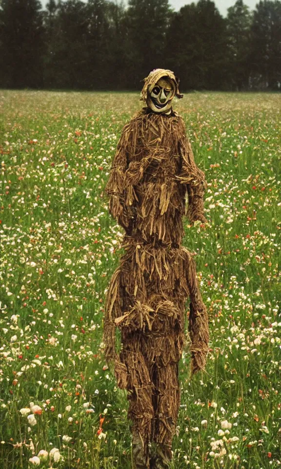 Image similar to human-like scarecrow wearing torn military clothes in beautiful meadow of flowers, ww1 photo, grainy, high detail, high resolution,