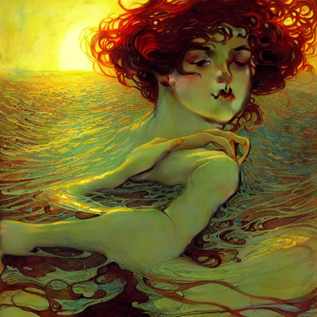 Image similar to mind bending ocean waves of glossy liquid honey drops flowing like psychedelic translucent amber, lsd waves, lsd ripples, backlit, sunset, refracted lighting, art by collier, albert aublet, krenz cushart, artem demura, alphonse mucha