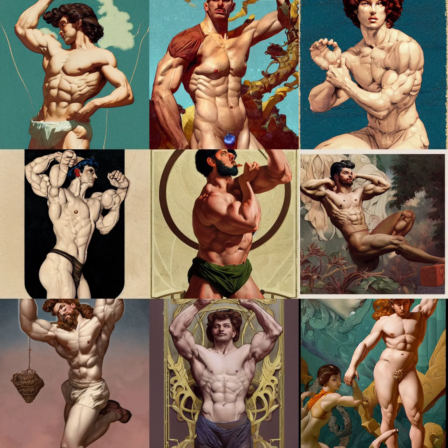 Prompt: a muscular artist sculptures his upper body out of a white cubic block of marble, intricate, highly detailed, digital matte painting, in the style of alexandros pyromallis, and in the style of sachin teng, and in the style of hans thoma, and in the style of gil elvgren. irony, recursion, inspiration, art nouveau.