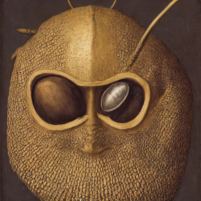 Prompt: close up portrait of a mutant monster creature with facial features resembling a medieval steel helmet, beetle eyes and antennae. by jan van eyck, walton ford