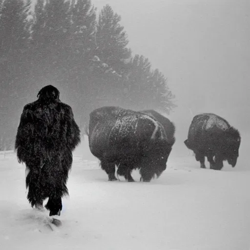 Prompt: a cheyenne tribal man wearing a bison fur coat, hunting bison, in a south dakato snow storm