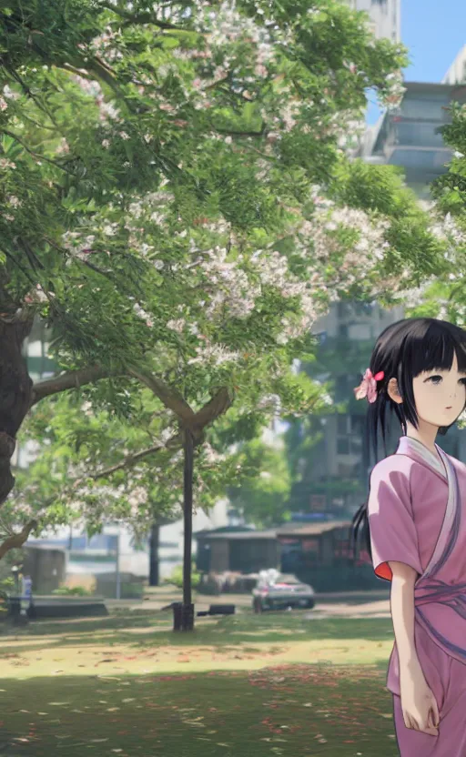 Prompt: anime style, gta 5, panoramic centered view of girl, yukata clothing, sakura tree in background, short hair, hair down, symmetrical facial features, from arknights, hyper realistic, extreme detail, volumetric lights, 4 k drawing, safebooru, realistic lighting, by alphonse mucha, greg rutkowski, sharp focus, backlit