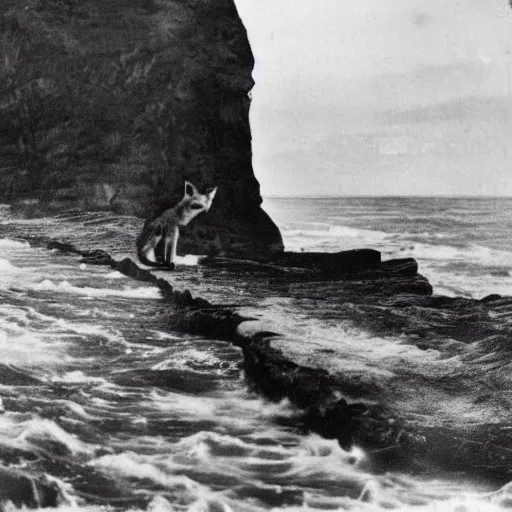 Prompt: anthro fox man in suit about to fall off cliff into scary stormy ocean, far shot, 1920s film