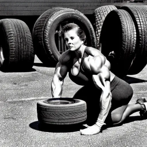 Image similar to cropped photo of muscular bodybuilder woman lifting vintage car tires, film grain, specular highlights, 3 5 mm lens, government archive photograph