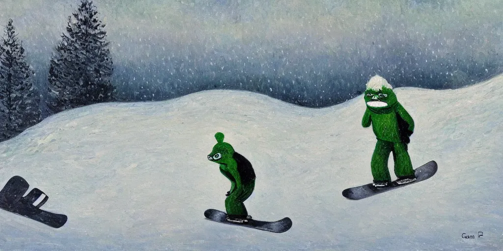 Prompt: pepe the frog snowboarding, gloomy landscape, expressive oil painting by christopher radlund and camille pissaro