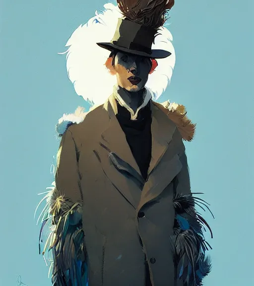 Image similar to portrait of magician with coat made of feathers by atey ghailan, by greg rutkowski, by greg tocchini, by james gilleard, by joe fenton, by kaethe butcher, dynamic lighting, gradient light blue, brown, blonde cream and white color scheme, grunge aesthetic