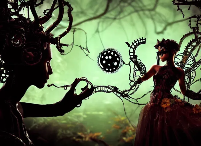 Image similar to silhouette of an intricate mechanical fairy with visible gears having tea with a cyborg winged horned demon medusa in a magical forest. Very detailed 8k. Fantasy cyberpunk horror. Sharp. Cinematic post-processing