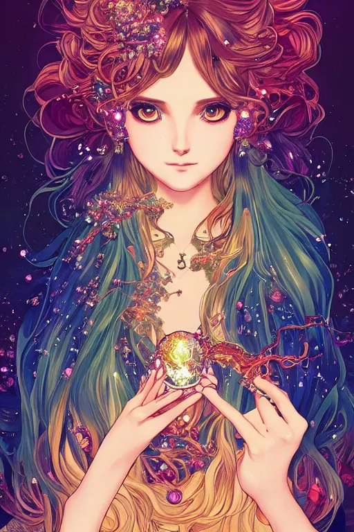 Image similar to psychedelic, intricate, highly detailed, anime, 4k, beautiful seductive woman holding a crystal containing the universe, with professional makeup, long trippy hair, surrounded by gems, underneath the stars, trending on patreon, deviantart, twitter, artstation, volumetric lighting, heavy contrast, by artgerm and Ilya Kuvshinov and alphonse mucha