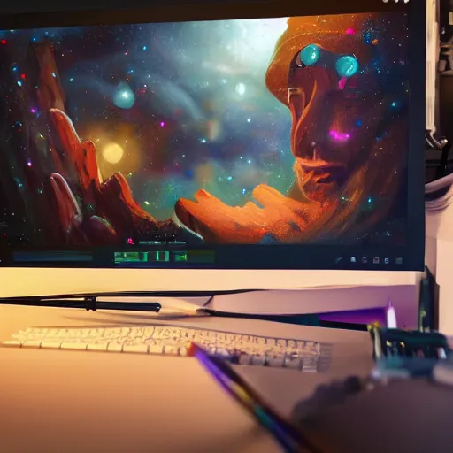 Prompt: a young mage creating a universe in his PC, hyperrealistic, extremely detailed, award-winning art, trending on Artstation