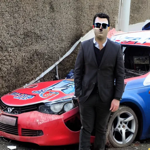 Image similar to xavi hernandez next to a crashed car, in estadio de vallecas