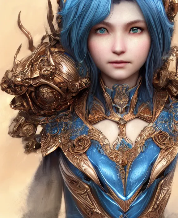 Prompt: a beautiful and highly detailed digital portrait of a dignified elf with long blue windswept hair in a rose gold breastplate by artgerm, jia ruan, and lu ji, centered, artsation contest winner, cgsociety, fantasy art, cryengine, concept art, photorealism, daz 3 d, sketchfab, zbrush, vray