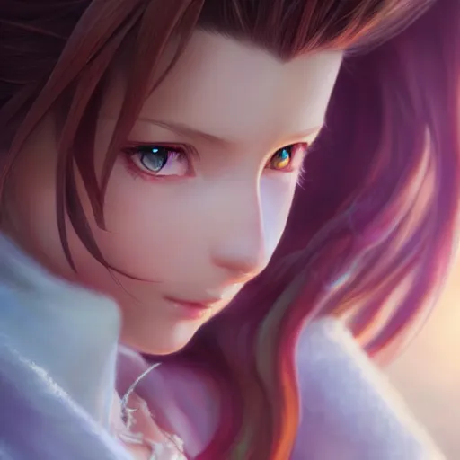 Prompt: aerith from final fantasy by Stanley Artgerm Lau, WLOP, Rossdraws, James Jean, Andrei Riabovitchev, Marc Simonetti, and Sakimichan, trending on artstation