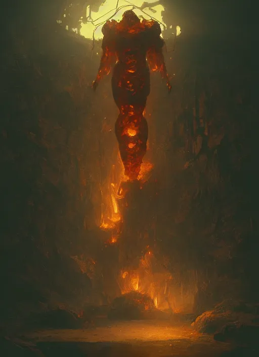 Prompt: a photorealistic dramatic hyperrealistic render of a fire golem by wlop, greg rutkowski, alphonse mucha, beautiful dynamic dramatic dark moody lighting, shadows, cinematic atmosphere, artstation, concept design art, octane render, 8 k