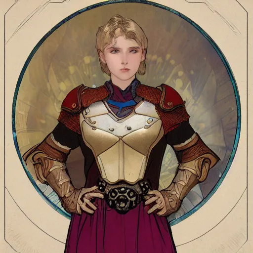 Image similar to young paladin woman, short blonde hair, plate chest armour, symmetrical portrait RPG avatar, by Mucha, intricate, 8k,