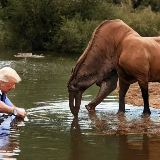 Prompt: national geographic professional photo of biden and trump drinking from a watering hole with animals, award winning