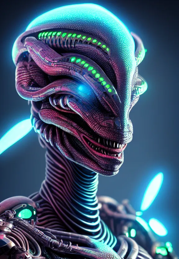 Prompt: ultra realist intricate detailed painting of a single attractive alien male, neon scales and cyborg tech, hyperrealistic, soft lighting, octane render