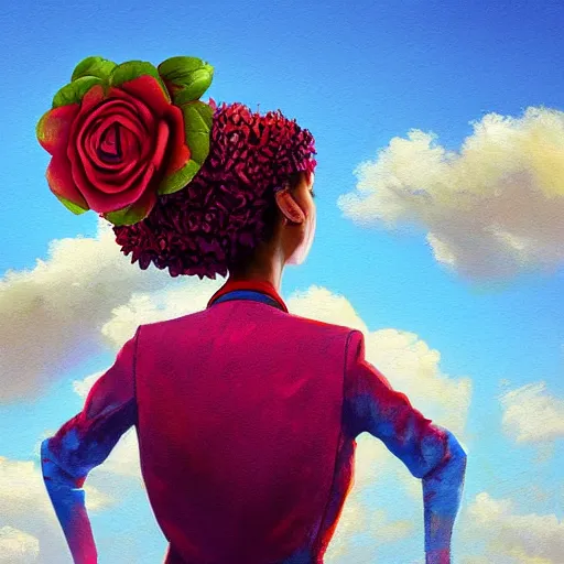 Image similar to closeup, giant rose flower head, frontal, a girl with suit, surreal photography, sunrise, blue sky, dramatic light, impressionist painting, digital painting, artstation, simon stalenhag