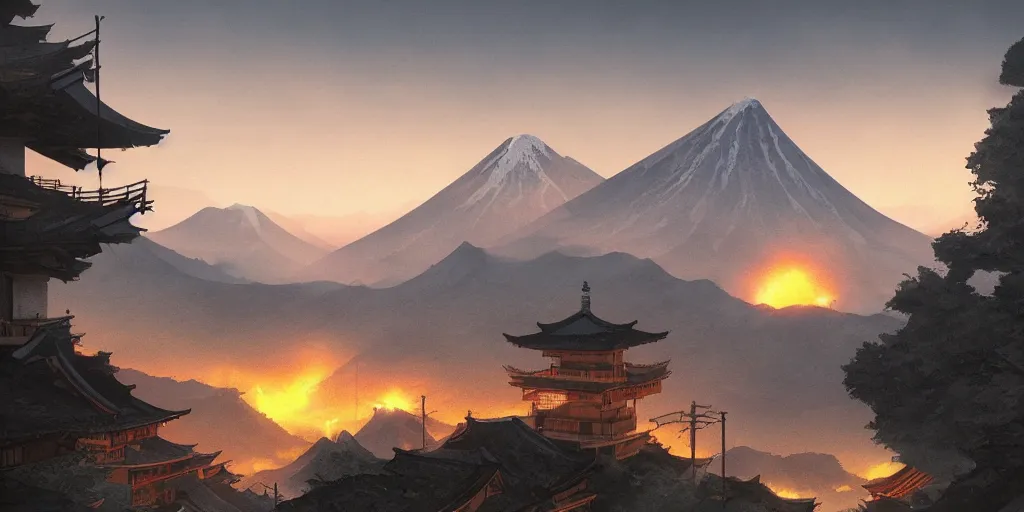 Prompt: a powerful japanese village high in mountains, calm morning, fanart artstation global illumination rtx hdr fanart arstation 3 d, steaming volcano, concept art by greg rutkowski and laurie greasley, fantastic landscape, 8 k, cinematic color grading
