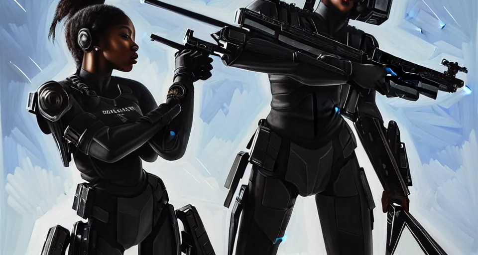 Image similar to a photorealistic painting of an attractive young ebony girl, clothed in stealth-battle armor with a giant sci-fi sniperrifle in her hands, a futuristic hover-tank with heavy laser-turret on the right, intricate details, elegant, digital painting, illustration, sharp focus, minimal artifacts, from Metal Gear, in the style of Ruan Jia and Mandy Jurgens and Greg Rutkowski, trending on Artstation, award winning, unreal engine, octane render