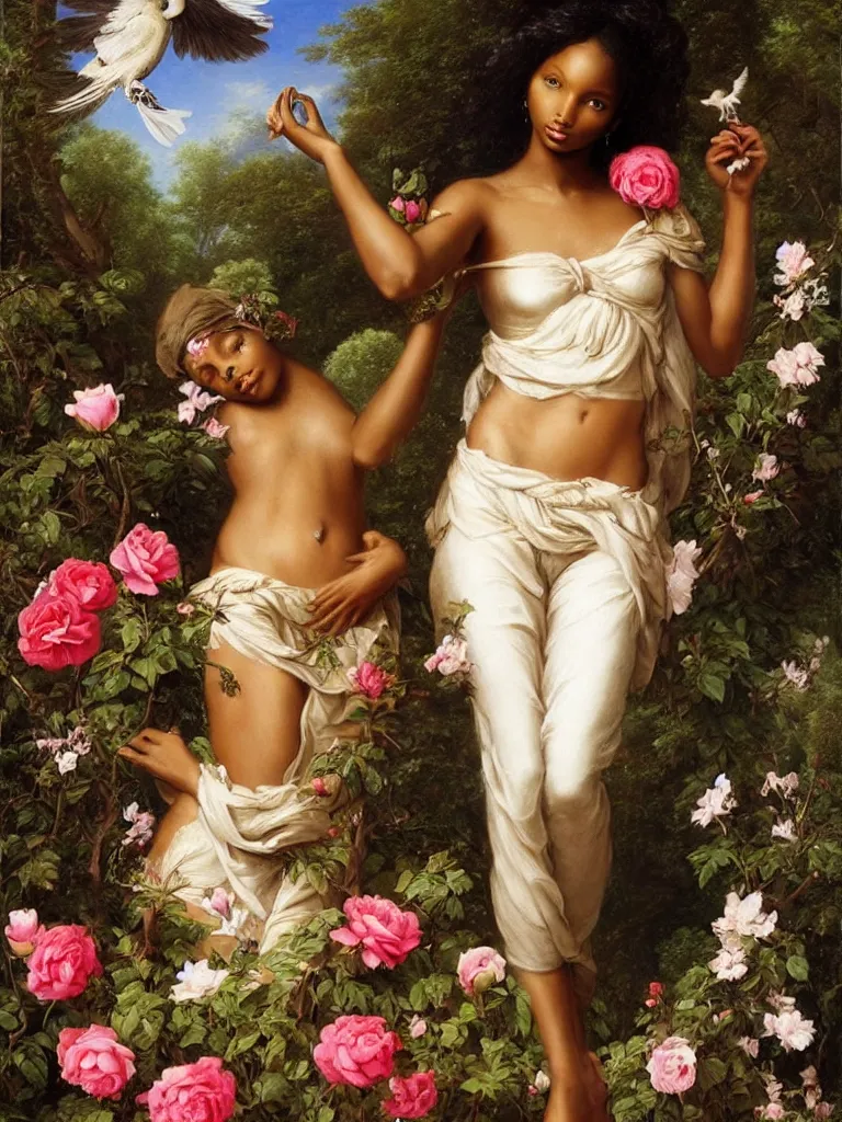 Prompt: jasmine tookes the goddess of love : : background of roses, myrtle, doves : : rococo, academicism