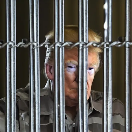 Prompt: a close up shot of donald j trump in prison, award winning photography, steel iron bars'