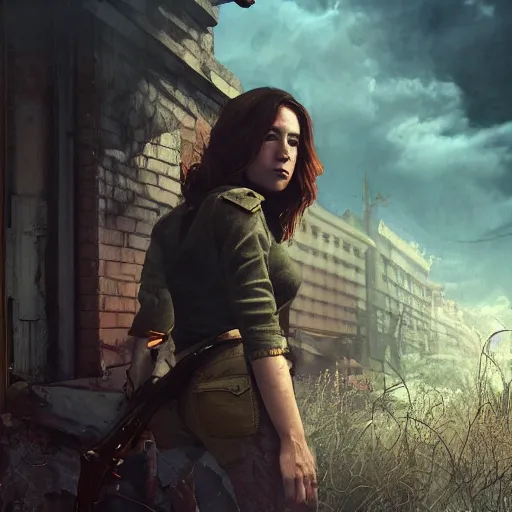 Image similar to fallout 5, charismatic beautiful rugged brunette female protagonist, portrait, outdoors ruined cityscape, atmospheric lighting, painted, intricate, volumetric lighting, beautiful, daytime, sunny weather, few clouds, sharp focus, deep colours, ultra detailed, by leesha hannigan, ross tran, thierry doizon, kai carpenter, ignacio fernandez rios