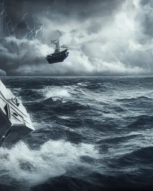 Image similar to establishing shot of a fishing boat on stormy seas, a gigantic star destroyer spaceship flying overhead, stormy weather, unreal engine, hyper realism, realistic shading, cinematic composition, realistic render, octane render, detailed textures, photorealistic, ultrawide shot, 16mm lens