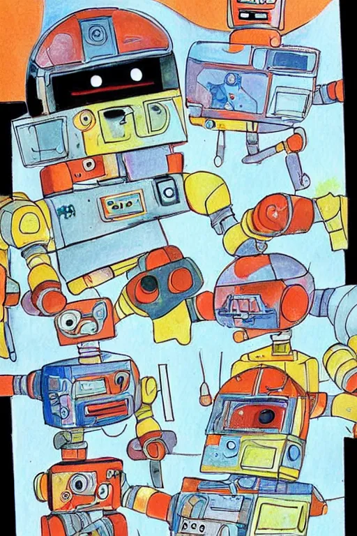 Prompt: children's book illustration of robots doing activities by margret rey