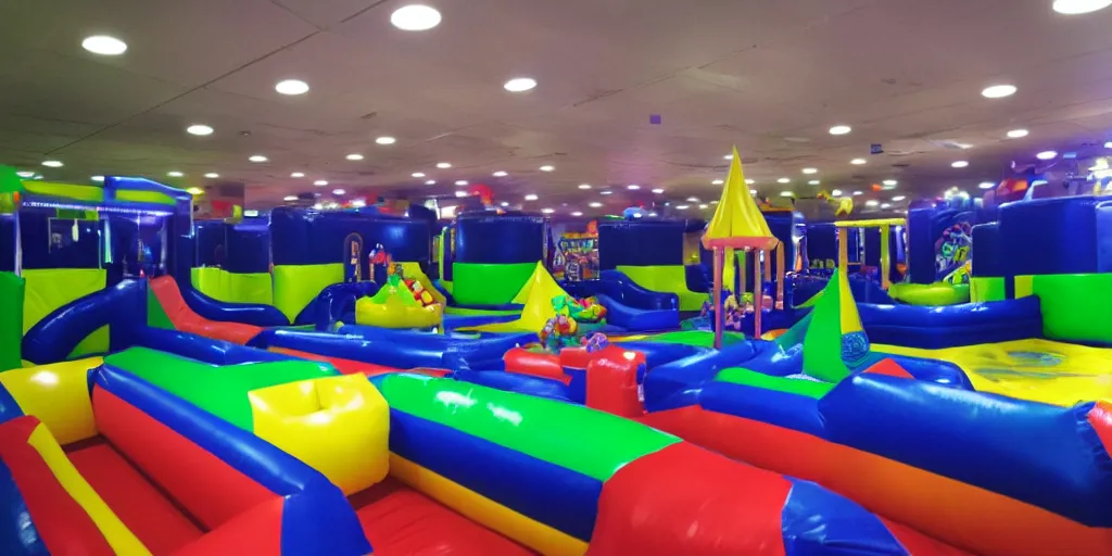 Image similar to a darkly lit indoor playplace bounce house photo taken with a deposable camera, limital space