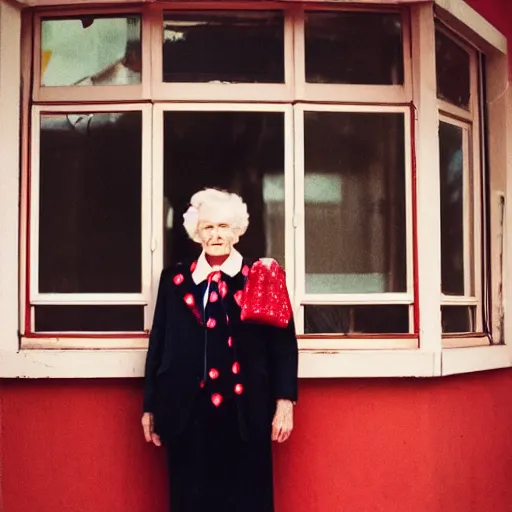 Prompt: Polaroid Medium Shot portrait of a very well-dressed old lady in a balcony of a red hotel, photo made by Wes Anderson award winning, 4K