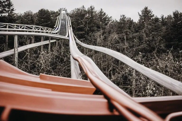 Prompt: a 1 9 6 6 pontiac gto driving on a wooden rollercoaster, eerie feeling, fujifilm quicksnap 4 0 0 photography