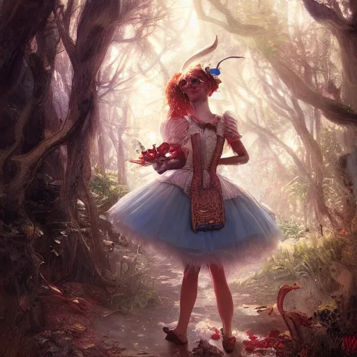 Image similar to close up portrait of alice in wonderland, magical forest, dramatic lighting, high detail, painted, by greg rutkowski, painted by stanley artgerm, trending on artstation