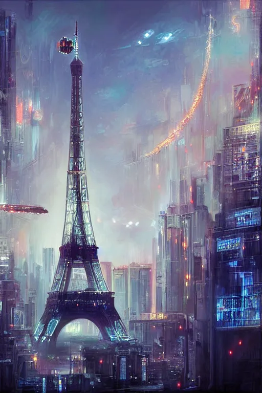 Prompt: beautiful digital art of cyberpunk paris eiffel tower by james gurney