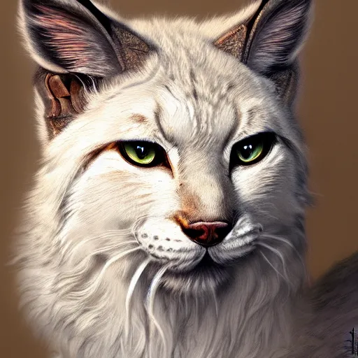 Image similar to smart white lynx portrait by Les Edwards and Noriyoshi Ohrai, furry art, steampunk fantasy style, 4k, trending on artstation