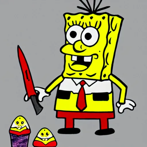 Prompt: crayon drawing of spongebob squarepants holding a kitchen knife