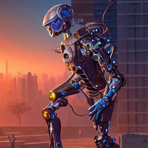 Image similar to ninja cyborg mechanical exoskeleton designed by jony ive, in cybercity, golden hour, poster by michael whelan and gilbert williams and evgeny lushpin and artgerm and alena aenami, 3 0 mm, well proportioned, highly detailed, rule of thirds, long exposure