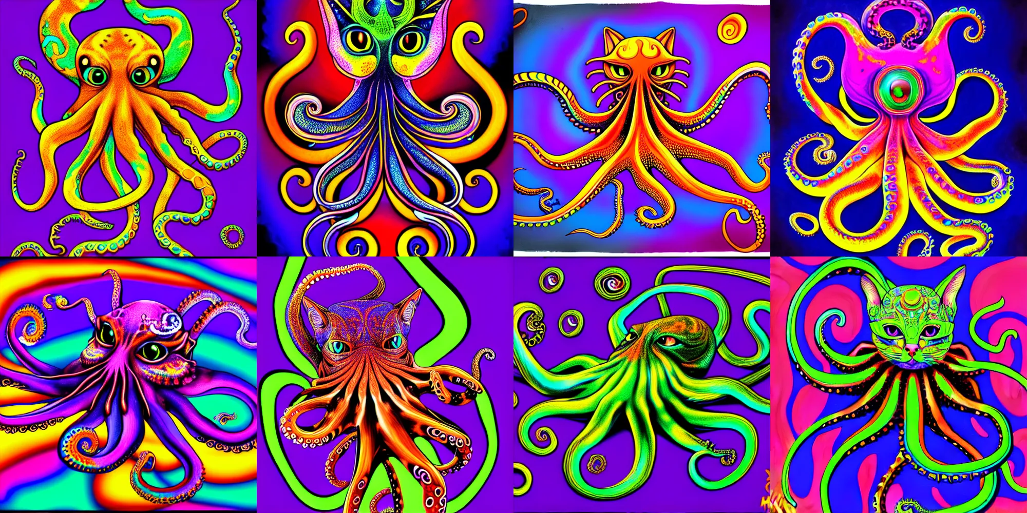 Prompt: psychedelic highly detailed octopus cat chimera, 4 k, unholy fusion octopus cat, digital painting, matte finish, more cat