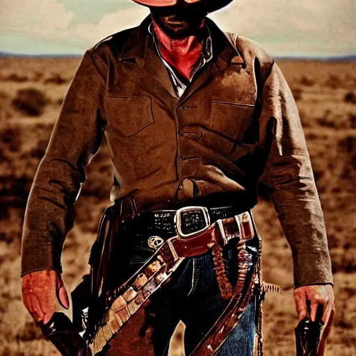 Image similar to a cowboy at high noon in the style of a clint eastwood movie, the good, the bad and the ugly, clint eastwood, steven seagal, bud spencer, donald trump, glory days, patriotism
