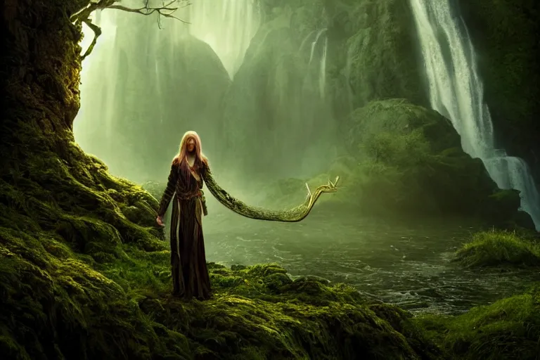 Image similar to an ultra realistic, cinematic, fantasy, headshot portrait, of an elden ring elf, fairy lights, facial features, background of a vast serene landscape, with trees and waterfalls, detailed, deep focus, movie still, dramatic lighting, ray tracing, by michal karcz and yoshitaka amano