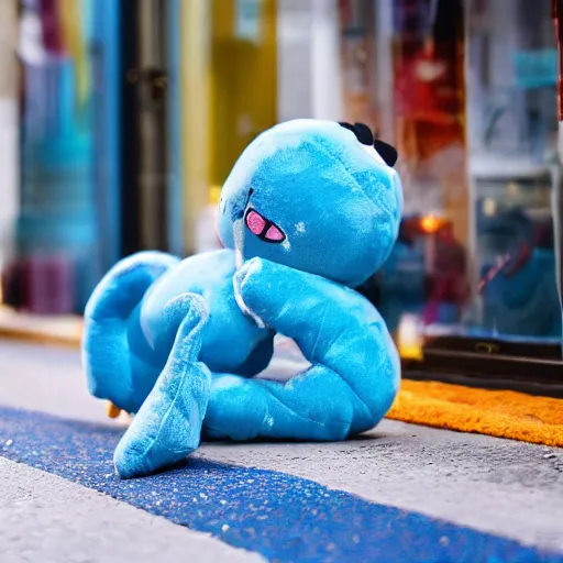 Image similar to blue'snappy gifts'plush doll, on sidewalk, giving gifts to people, happy atmosphere, high detail, soft lighting, 8 k